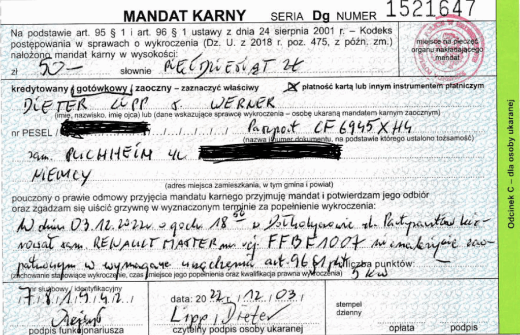 Ein Strafzettel, den wir in Polen bekommen haben, weil ein Scheinwerfer am Auto kaputt war